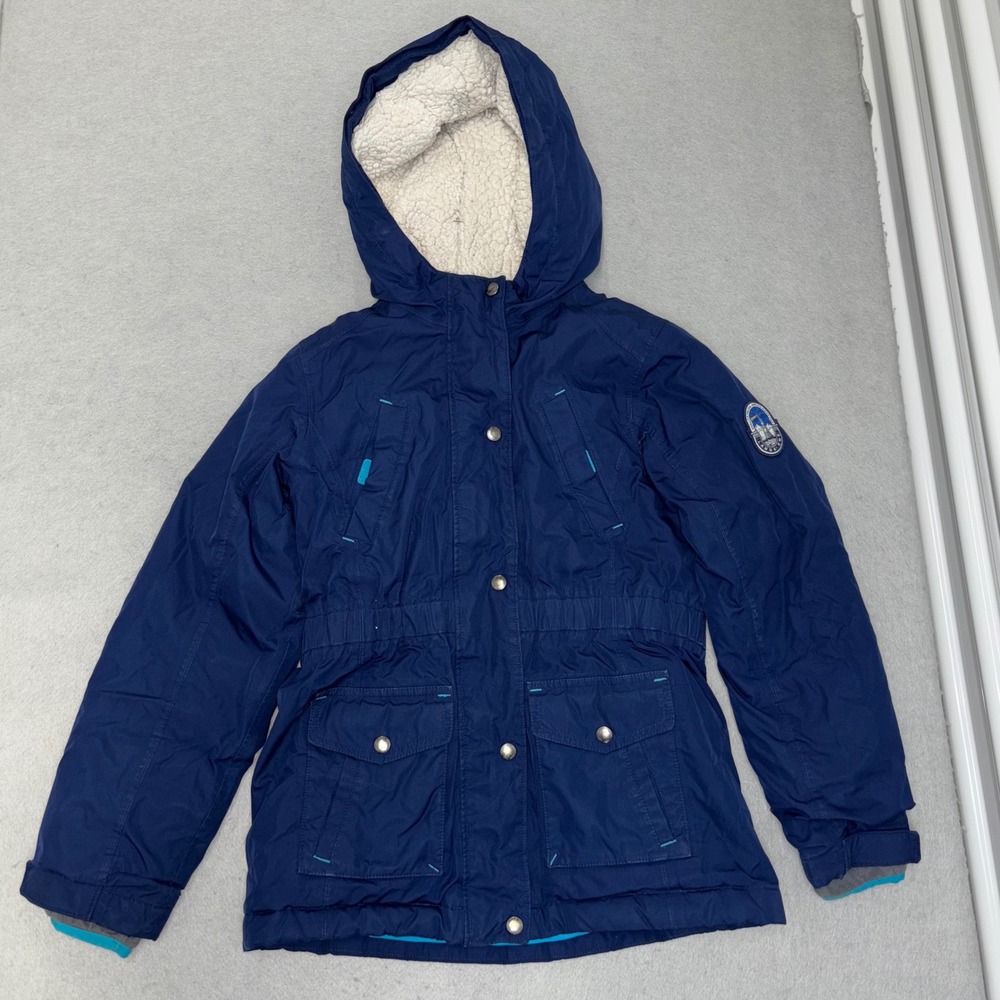 Lands End Parka Coat Kids 10-12 Blue Grow-A-Longs Hooded Fleece Lined Winter